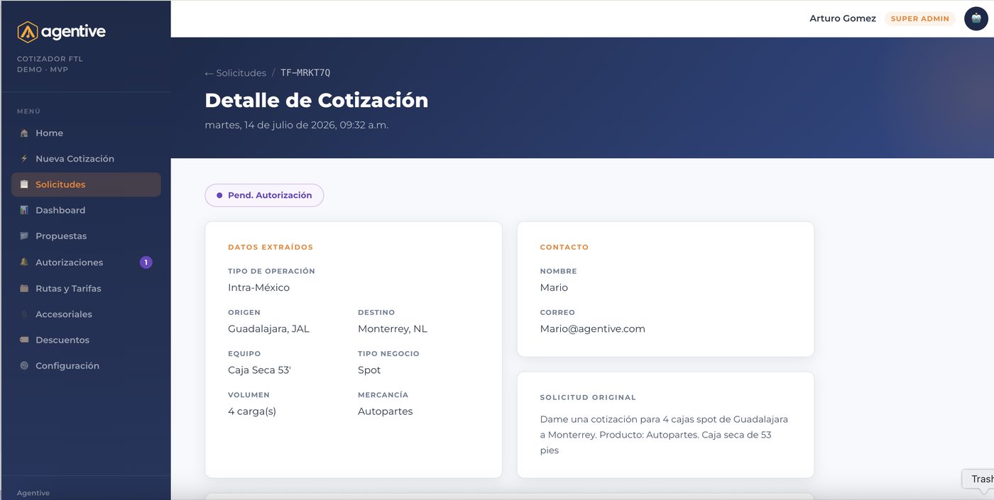 Captura de pantalla: detalle de cotización generada automáticamente en Agentive, con datos extraídos y contacto del cliente
